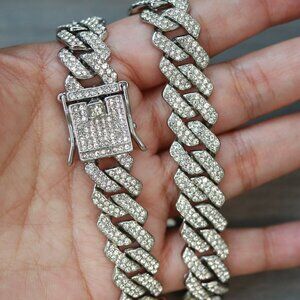 14mm 20inches Cuban Ice Point Curb Diamond Chain Silver Plated Necklace
